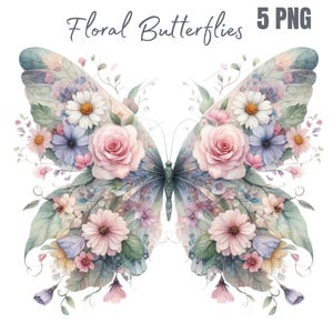 May include: Watercolor illustration of a butterfly with floral wings. The wings are adorned with pink roses, daisies, and other flowers in shades of pink, blue, and white. The text "Floral Butterflies 5 PNG" is at the top.