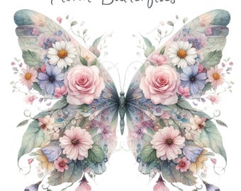 Puede incluir: Ilustración en acuarela de una mariposa con alas florales. Las alas están adornadas con rosas rosas, margaritas y otras flores en tonos rosas, azules y blancos. El texto "Floral Butterflies 5 PNG" está en la parte superior.