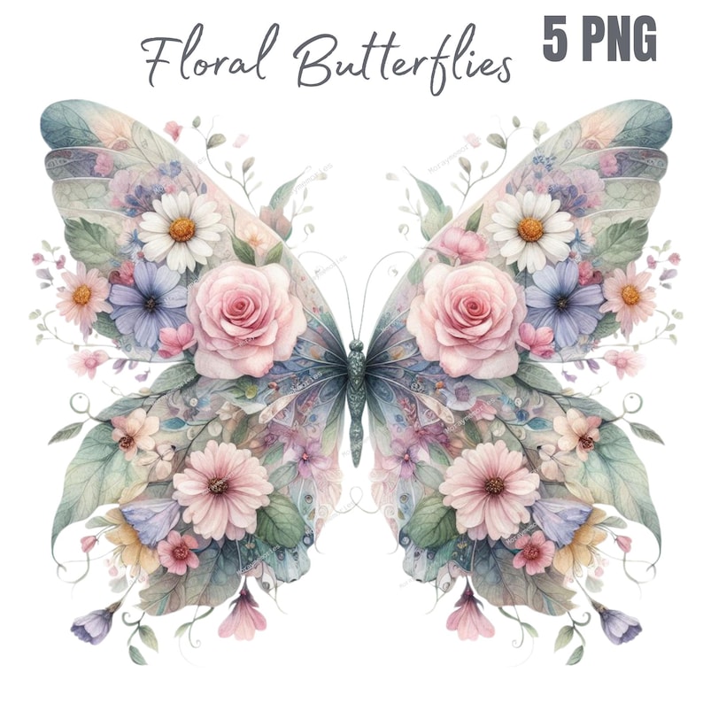 May include: Watercolor illustration of a butterfly with floral wings. The wings are adorned with pink roses, daisies, and other flowers in shades of pink, blue, and white. The text "Floral Butterflies 5 PNG" is at the top.