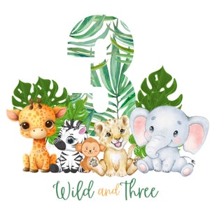 wild one birthday, Elephant clipart,Wild and Three, Safari jungle tropical sublimation tranfer PNG file, 3rd Birthday boy girl, baby animals