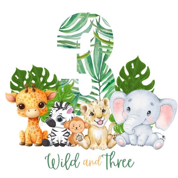 wild one birthday, Elephant clipart,Wild and Three, Safari jungle tropical sublimation tranfer PNG file, 3rd Birthday boy girl, baby animals