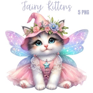 Clipart de chatons féeriques mignons, PNG de haute qualité, art de pépinière de chaton png, planificateur numérique, aquarelle, fabrication de cartes, journalisation, téléchargement numérique