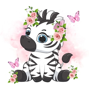 Girl Zebra with Flowers Picture Image,zebra clipart, zebra png, zebra art, zebra Watercolor, safari clipart, nursery clipart