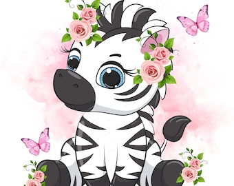 Girl Zebra with Flowers Picture Image,zebra clipart, zebra png, zebra art, zebra Watercolor, safari clipart, nursery clipart