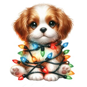 May include: A digital illustration of a Cavalier King Charles Spaniel puppy adorned with a string of colourful Christmas lights. The puppy has brown and white fur, large black eyes, and is sitting down.