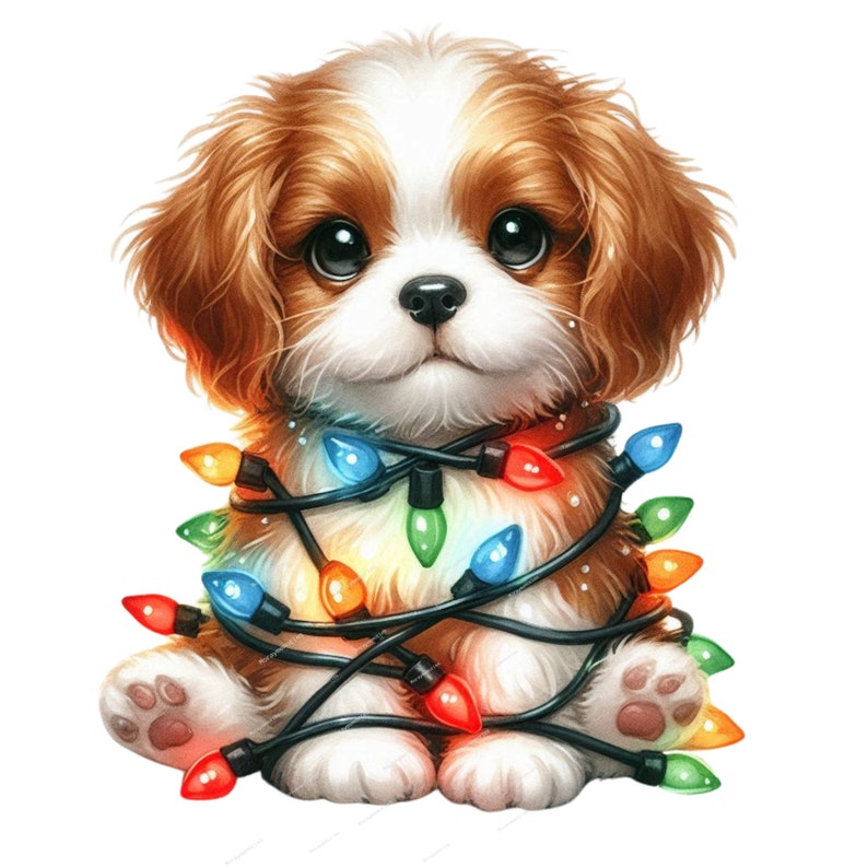 May include: A digital illustration of a Cavalier King Charles Spaniel puppy adorned with a string of colourful Christmas lights. The puppy has brown and white fur, large black eyes, and is sitting down.