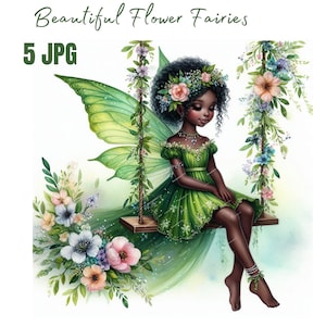 Black Fairy Girl Clipart, Watercolor Black Fairy Girl JPG, Flower Fairy Melanin Cliparts,Fairy clipart,Fantasy JPG, FairyTale Cliparts