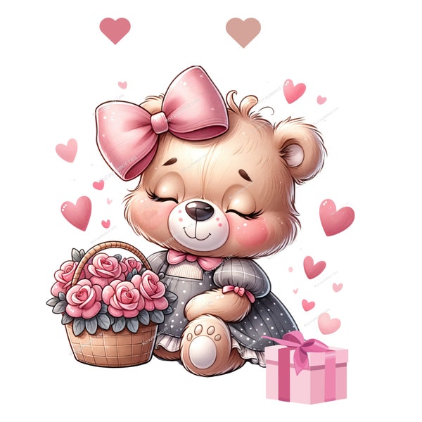 Watercolor Valentines Teddy Bear Clipart, PNG Valentines Day Clipart, Valentines Teddy Bear Clipart, Love Bears PNG, Commercial Use