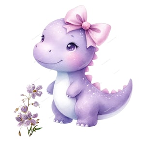 May include: A purple dinosaur with a pink bow, standing on a white background with a sprig of purple flowers.