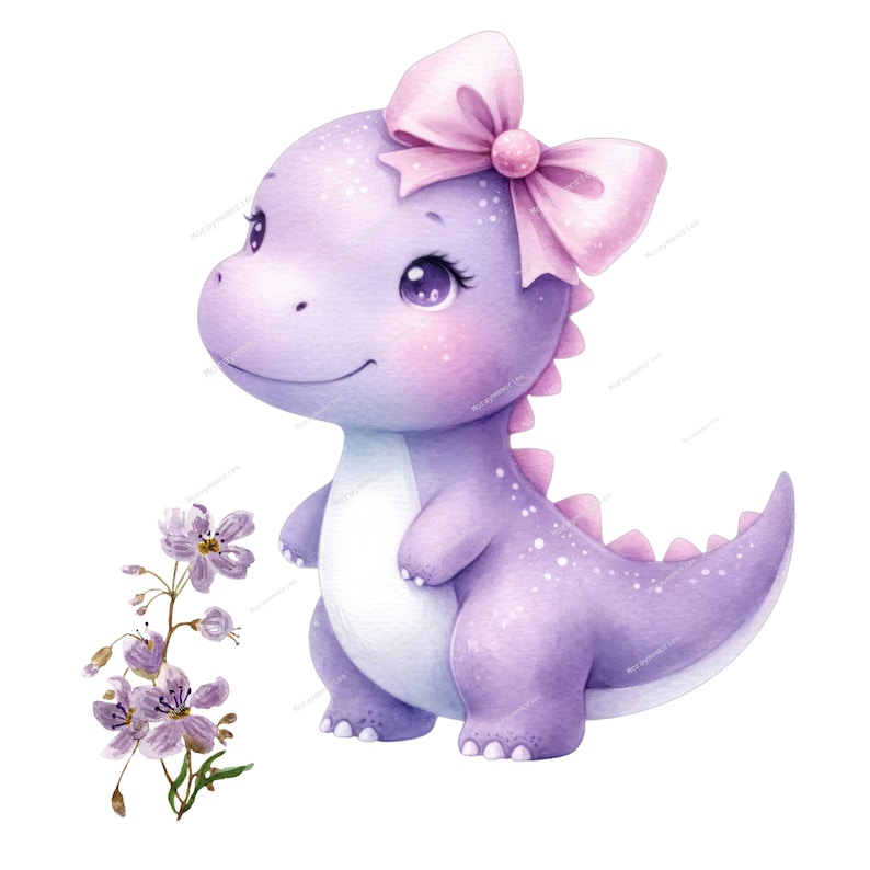 May include: A purple dinosaur with a pink bow, standing on a white background with a sprig of purple flowers.
