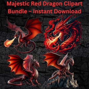 Majestic Red Dragon Clipart Bundle – 5 High-Resolution PNGs for Fantasy Art, Printable Crafts & Sublimation Designs