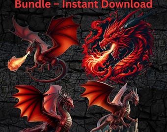 Majestic Red Dragon Clipart Bundle – 5 High-Resolution PNGs for Fantasy Art, Printable Crafts & Sublimation Designs