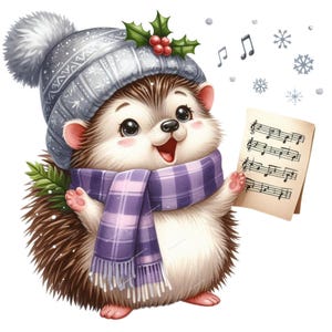 K&ouml;nnte beinhalten: Ein niedlicher Comic-Igel, der eine graue Strickm&uuml;tze mit einem wei&szlig;en Bommel, einen lila-wei&szlig; karierten Schal tr&auml;gt und ein Blatt Musik mit Noten h&auml;lt. Der Igel singt mit offenem Mund und im Hintergrund sind Schneeflocken und Noten zu sehen.