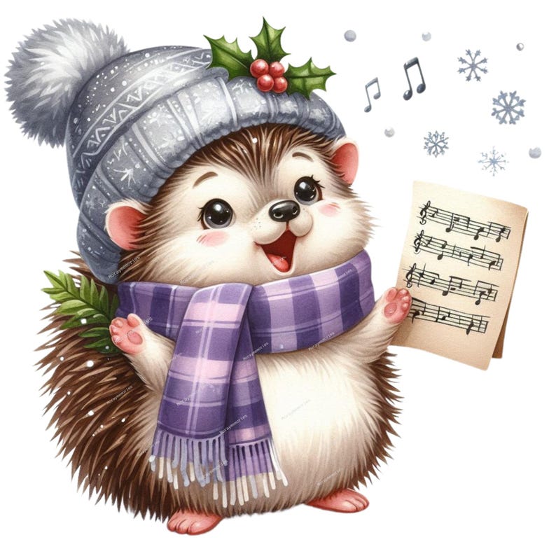 K&ouml;nnte beinhalten: Ein niedlicher Comic-Igel, der eine graue Strickm&uuml;tze mit einem wei&szlig;en Bommel, einen lila-wei&szlig; karierten Schal tr&auml;gt und ein Blatt Musik mit Noten h&auml;lt. Der Igel singt mit offenem Mund und im Hintergrund sind Schneeflocken und Noten zu sehen.