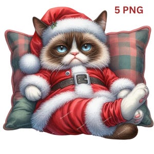 Clipart chat de Noël grincheux, PNG de haute qualité, livre de souvenirs, journaux indésirables, albums de coupures, agendas numériques, usage commercial, sublimation