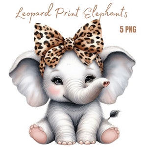 Clipart di elefanti, clipart di fiocchi con stampa leopardata, elefante carino in formato PNG, maglietta per bambini, tazza con stampa a sublimazione, planner