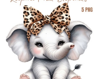 Elephant Clip Art, Leopard Print Bow Clipart, PNG Cute Elephant, Teacher Kids School Shirt, Sublimation Mug Tumbler, Planner
