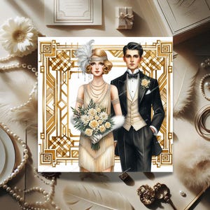 Può includere: Illustrazione art déco di una coppia in abito formale. La donna indossa un abito Charleston, un copricapo con piume e tiene un bouquet. L'uomo è in smoking. Lo sfondo presenta motivi geometrici dorati.