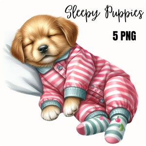 Clipart Collection aquarelle chiots endormis, PNG des cliparts bébés animaux, art mural pour chambre d'enfant, animal mignon PNG, baby shower, usage Commercial