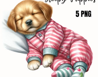 Colección de imágenes prediseñadas de cachorros dormidos en acuarela, imágenes prediseñadas de animales bebés en formato PNG, arte para la pared de la habitación del bebé, imágenes PNG de animales lindos, baby shower, uso comercial.