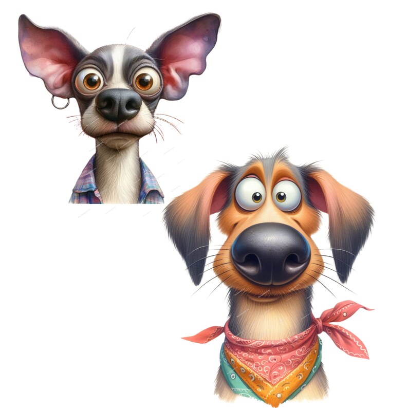 May include: Two cartoon dogs with big eyes and funny expressions. The dog on the left is a black and white chihuahua with a blue and white plaid shirt. The dog on the right is a brown and black dog with a red and yellow bandana.