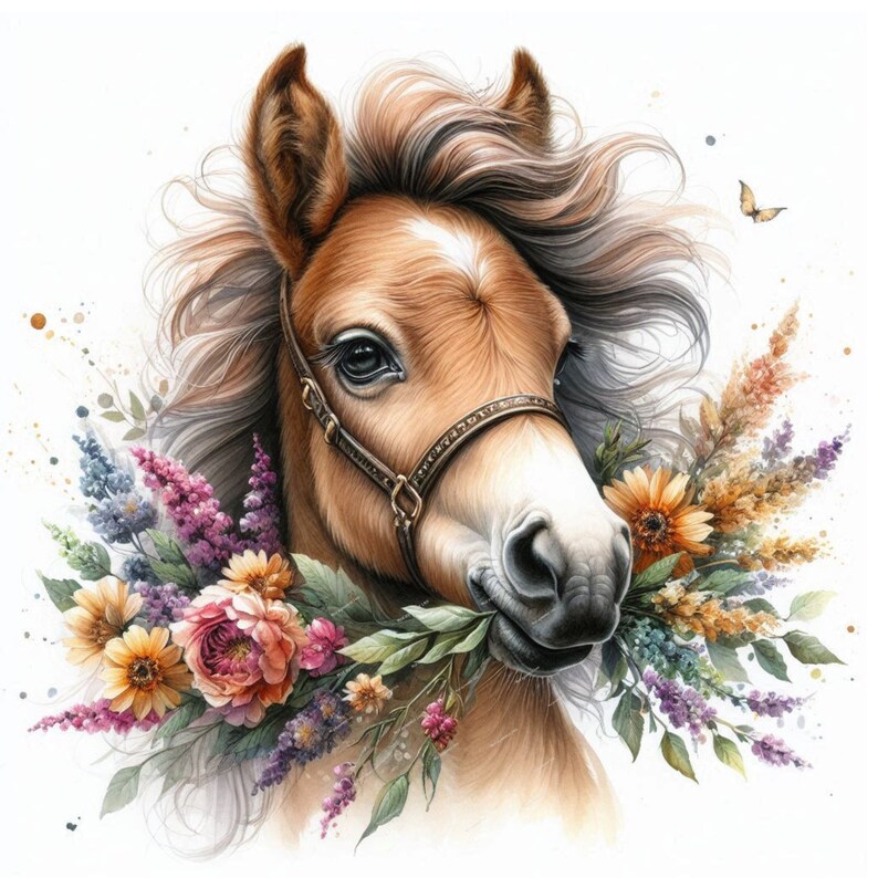 May include: A brown and white pony with a brown leather halter, looking to the right, with a bouquet of purple, pink, and yellow flowers in its mouth.