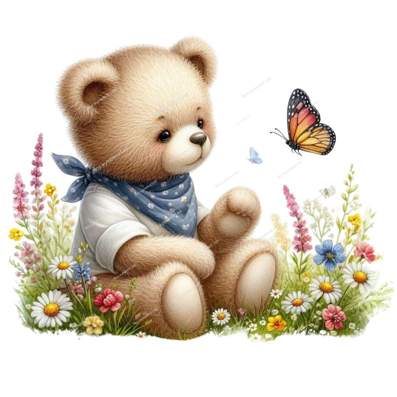 K&ouml;nnte beinhalten: Ein brauner Teddyb&auml;r mit einem blauen Bandana mit wei&szlig;en Punkten sitzt in einem Feld mit bunten Wildblumen. Ein Schmetterling mit orangefarbenen und schwarzen Fl&uuml;geln fliegt &uuml;ber dem B&auml;ren.