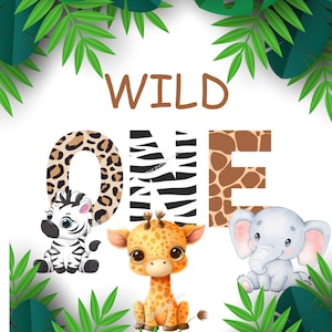Wild One, wild one birthday , Safari Jungle Animals Kids Design Watercolor effect T-shirt transfer design PNG, Digital Download