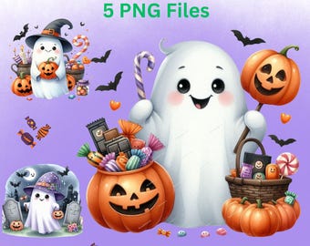 Fantasmas adorables de Halloween PNG / Diseño de sublimación para la temporada de Halloween / Imágenes prediseñadas de otoño y Halloween / Descarga digital