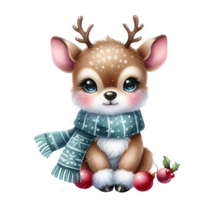 May include: A cute cartoon deer wearing a blue and white patterned scarf and sitting with red Christmas ornaments.
