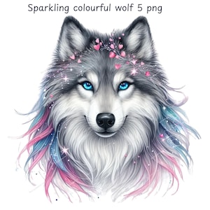 Clipart lupo colorato, Clipart lupo scintillante, Pacchetto clipart PNG lupo carino, Sublimazione di lupo magico, Lupo stampabile, Download digitale