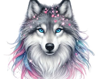 Paquete de imágenes prediseñadas de lobo colorido / Lobo bebé brillante PNG / Lindo lobo mágico para sublimación y descarga digital imprimible
