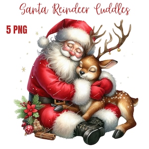 Clipart renne câlin du père Noël, PNG de haute qualité, livre de souvenirs, journaux indésirables, albums de coupures, agendas numériques, usage commercial, sublimation