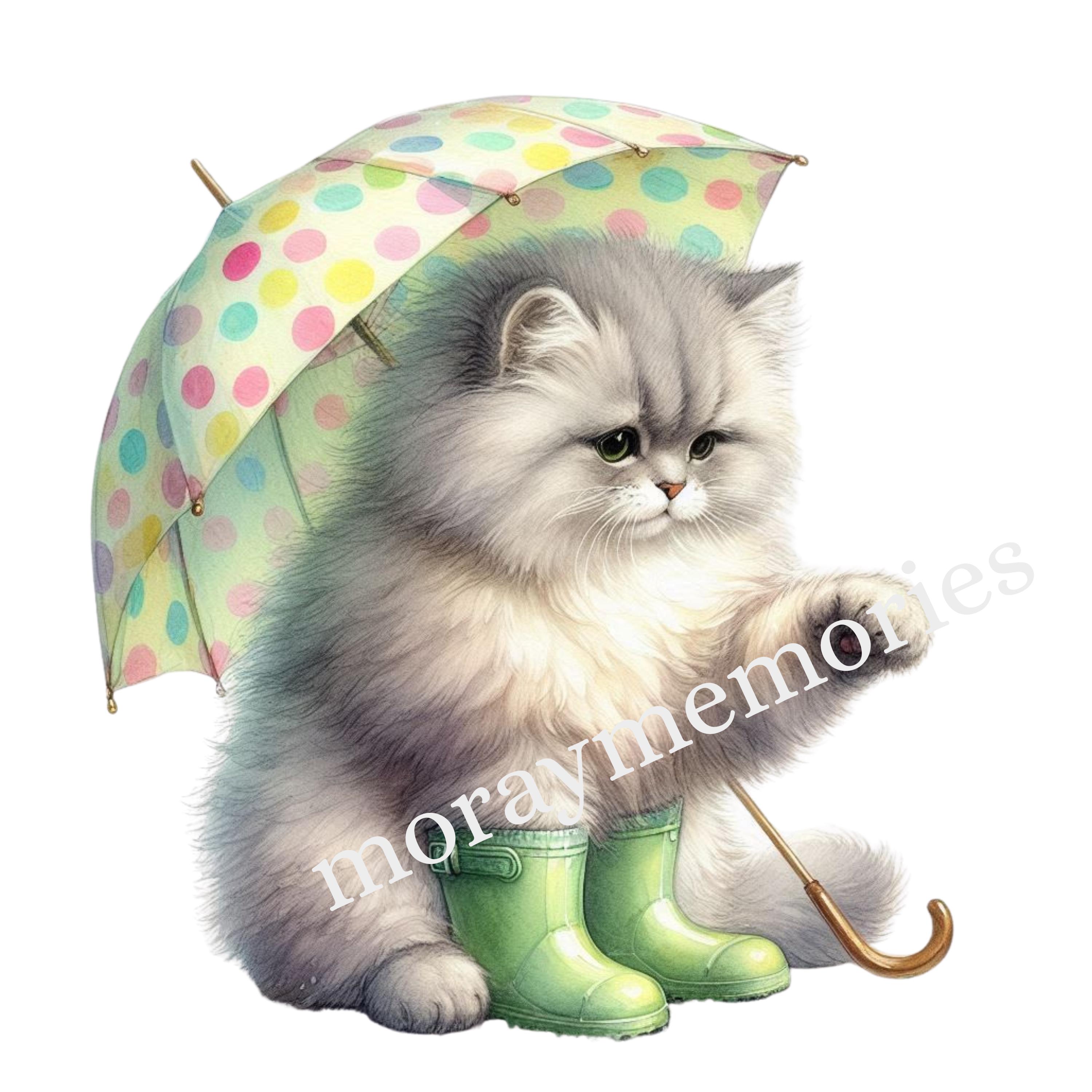 April Shower Cats Watercolor PNG Bundle (5 Designs), Spring Cat Clipart ...