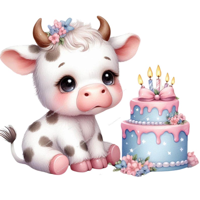 Cute Birthday Cow PNG, Baby Cow, Baby Cow Nursery, Pastel Cow