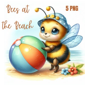 Pode incluir: Uma abelha de desenho animado usando um chapéu de sol azul e branco de bolinhas segura uma bola de praia colorida. A abelha tem listras amarelas e pretas e asas azuis. A abelha está em pé em uma praia de areia com flores.