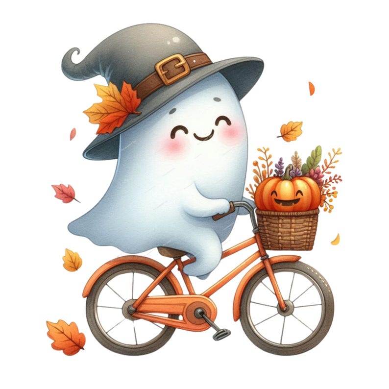 Op de afbeelding: Een witte geest die een zwarte heksenhoed draagt en een feloranje fiets rijdt met een mand vol herfstbladeren en een glimlachende pompoen.