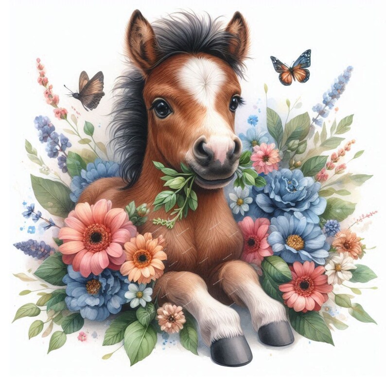 May include: A brown and white pony with a black mane and tail is surrounded by a bouquet of pink, blue, and white flowers. A butterfly is perched on a flower stem.