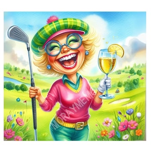 May include: A cartoon image of a woman on a golf course, holding a golf club and a glass of wine with a lemon slice. She wears a pink sweater, green trousers, a plaid hat, and glasses. The background shows a golf course with flowers.