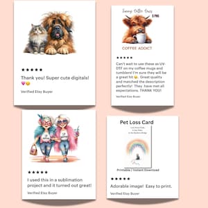 May include: A collection of digital art prints featuring various themes. One print shows a cat and a dog, another a Highland cow with a coffee cup, and others feature illustrations of women and a rainbow.