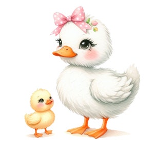 May include: A watercolour illustration of a mother duck and a baby chick. The mother duck is white with a pink bow and floral accents. The baby chick is yellow. Both have orange beaks and feet, and rosy cheeks. The background is white.