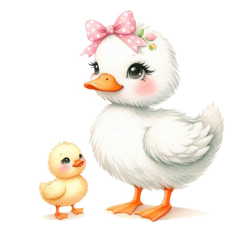 May include: A watercolour illustration of a mother duck and a baby chick. The mother duck is white with a pink bow and floral accents. The baby chick is yellow. Both have orange beaks and feet, and rosy cheeks. The background is white.