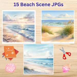 Puede incluir: Un conjunto de 15 JPGs de escenas de playa. Las imágenes muestran paisajes costeros serenos con olas del océano, playas de arena y cielos azules. También se incluyen un diario, conchas marinas y unas tijeras.