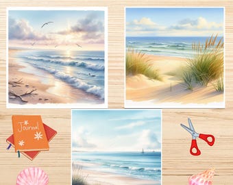 15 Watercolor Beach Scene Clipart | Ocean & Sand JPGs for Junk Journals, Crafts and Printables