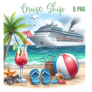Cruiseschip clipart, hoge kwaliteit png's, schip vakantie png kunst, digitale planner, aquarel, kaarten maken, journaling, digitale download