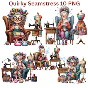 May include: Digital illustration of a quirky seamstress, repeated multiple times. The seamstress has grey hair in curlers, glasses, and colourful patchwork clothing, drinking tea near sewing machines and dress forms. The text "Quirky Seamstress 10 PNG" is at the top.
