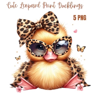 Clipart de patinho fofo, laços com estampa de leopardo, PNGs de alta qualidade, planejador digital, aquarela, criação de cartões, registro no diário, download digital