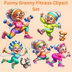 May include: A collection of cartoon illustrations depicting elderly women engaged in various exercises. The images showcase the women lifting weights, skipping rope, and jogging. The women are dressed in vibrant workout attire and accessories. The text "Funny Granny Fitness Clipart Set" is displayed.