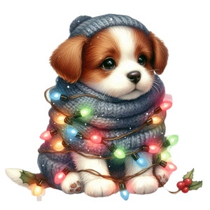 May include: A charming puppy wearing a blue knitted hat and scarf, adorned with colourful Christmas lights. The puppy has brown and white fur and is decorated with holly and berries, creating a festive holiday image.