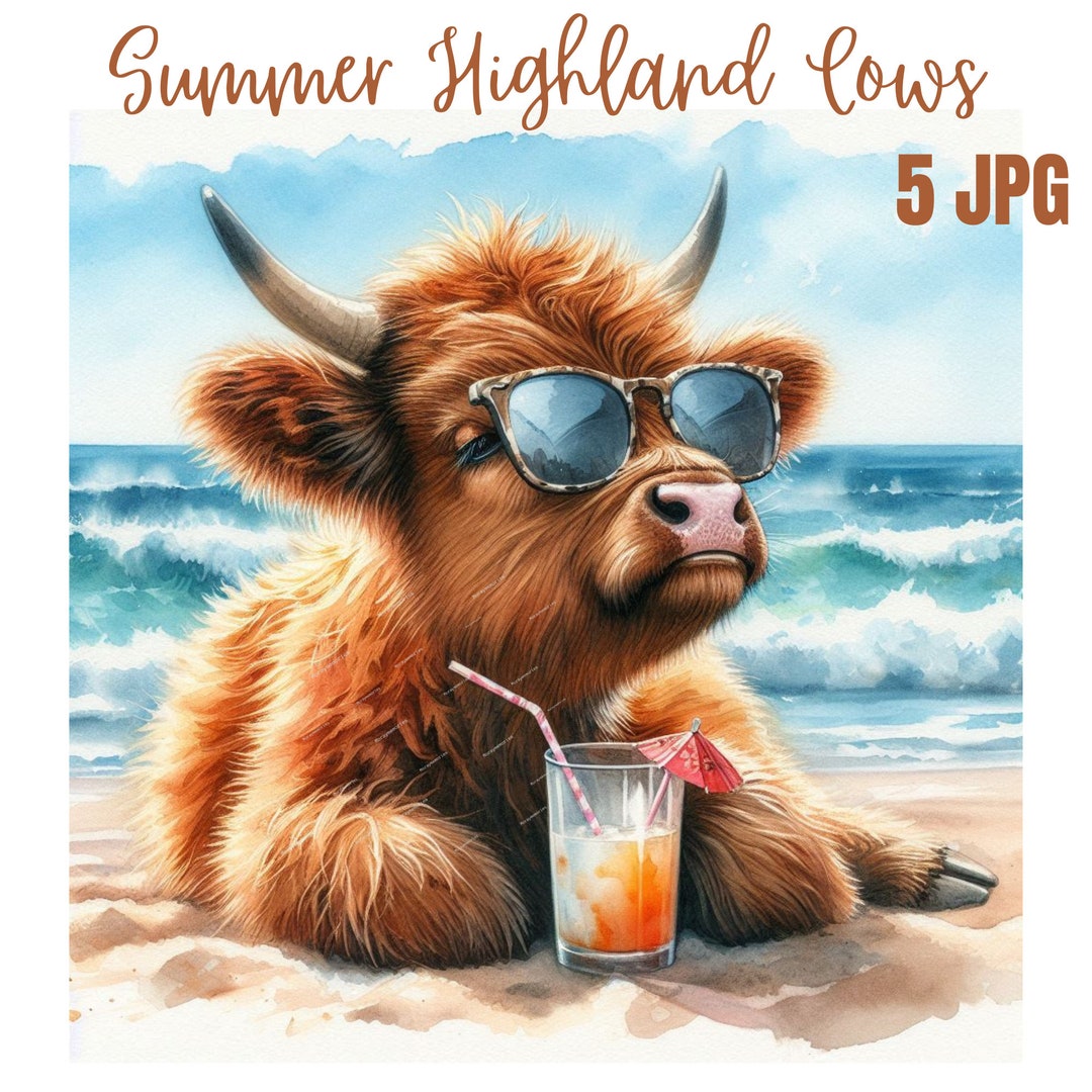 Watercolor Summer Highland Cows Collection Clipart, JPG Beach Clipart ...